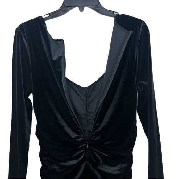 GANNI Black Long Sleeve U-Neckline Velvet Jersey Ruched Mini Dress Size US 6 - Picture 7 of 14